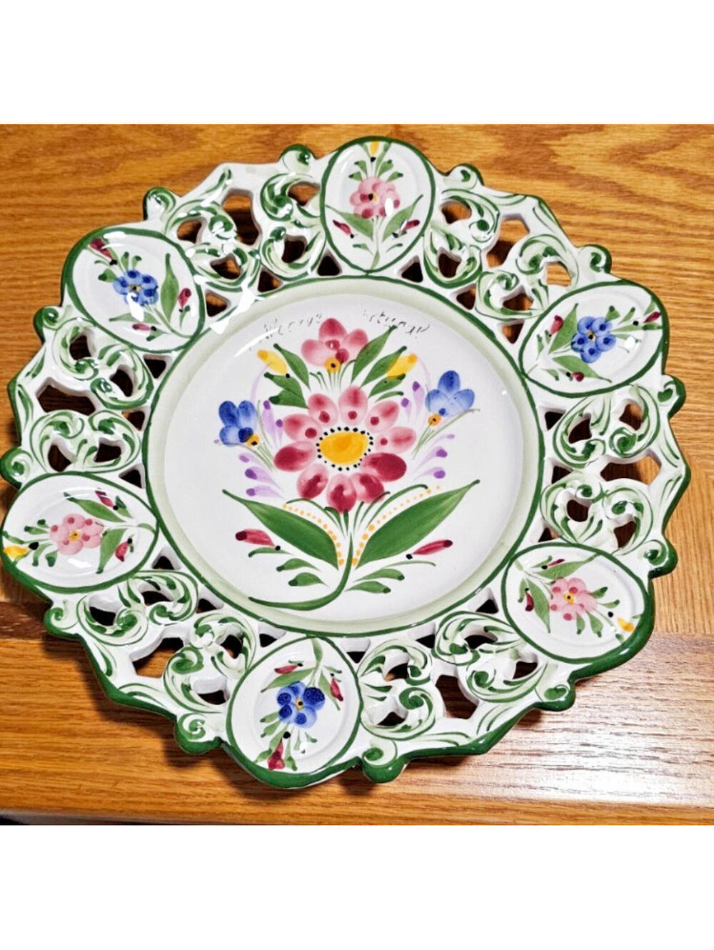 Vintage Hand Painted Green Floral RCCL Portugal Plate 11" Porcelain Art  Signed